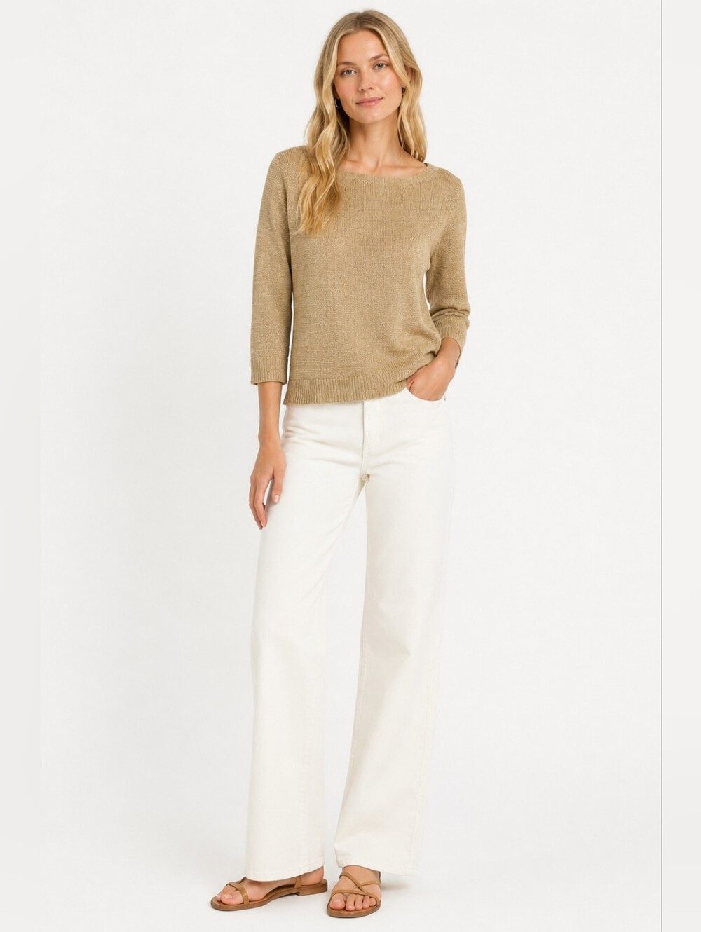 Talbots Size S 100% Linen Beige Crewneck Knit Sweater Blouse